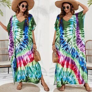 Kaftan Tie Dye Dress Maxi Lounge Cover Up NEW